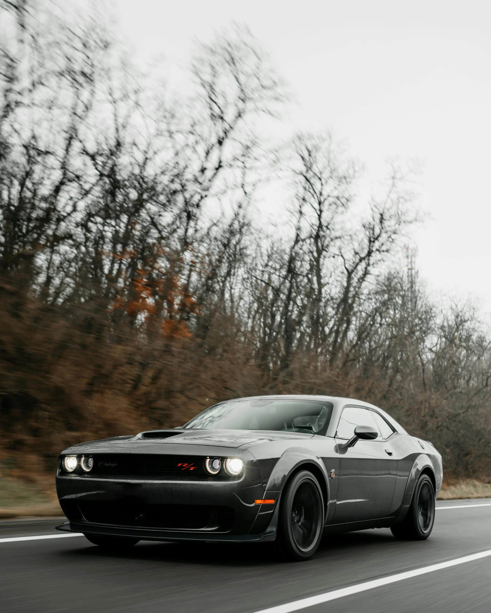 Dodge Challenger driving on a road with trees in the background.