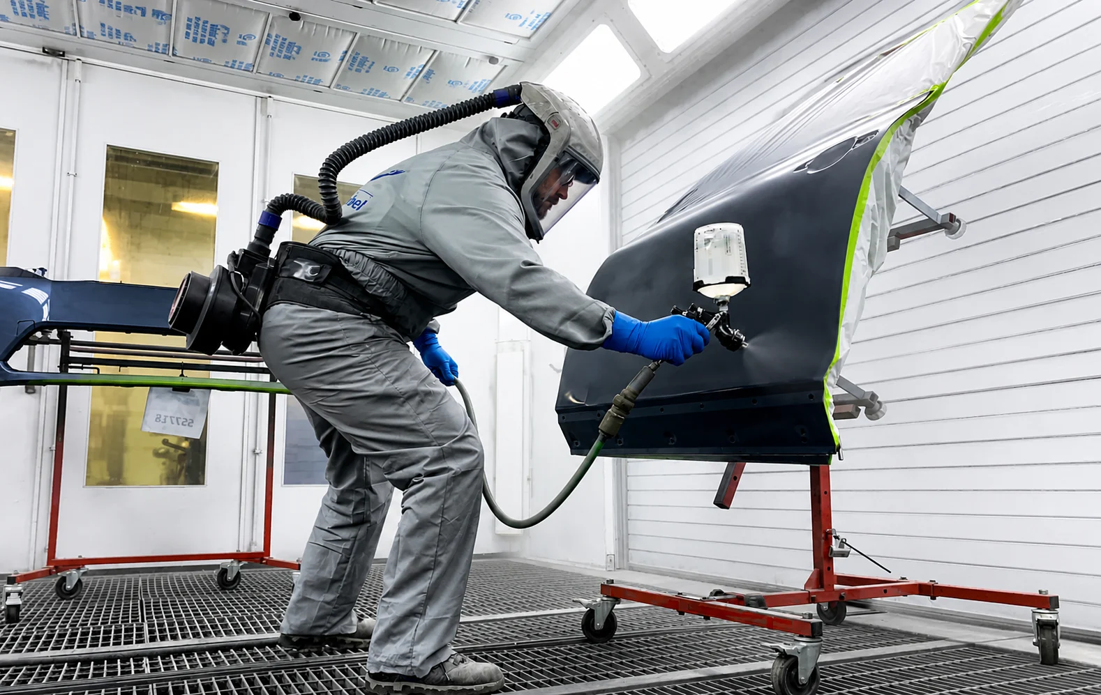 Door Panel Refinishing In Paint Booth Technician spraying a masked vehicle door panel inside a clean paint booth.