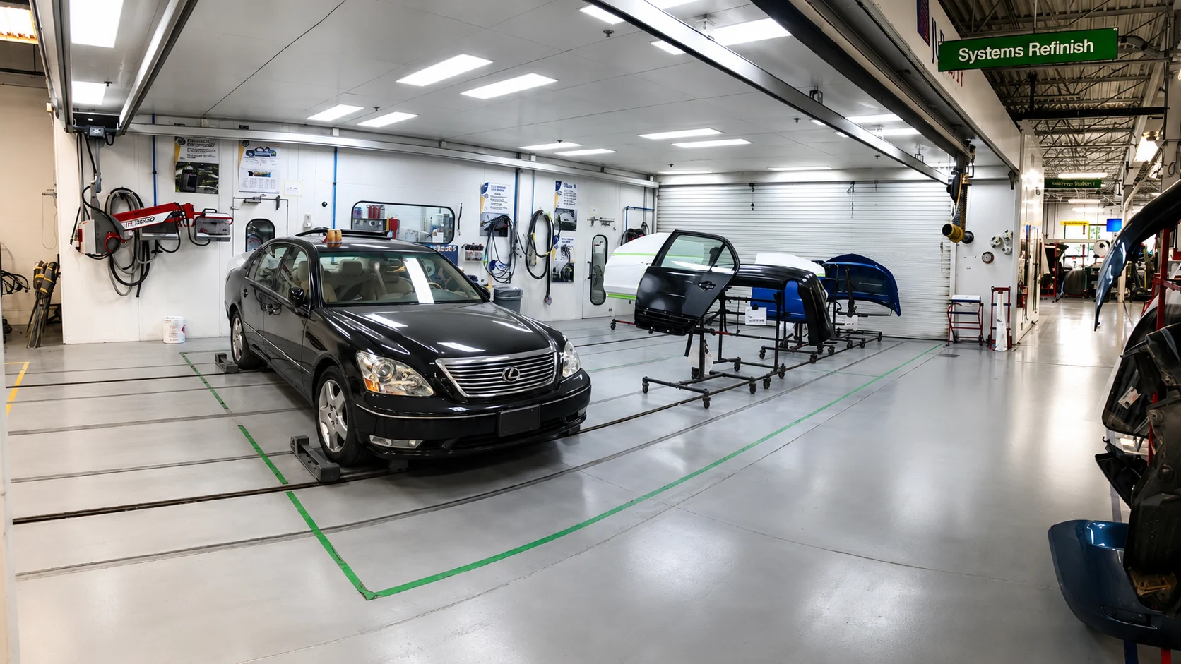 Systems Refinish Area Systems refinish area with a vehicle and exterior panels staged for repair.