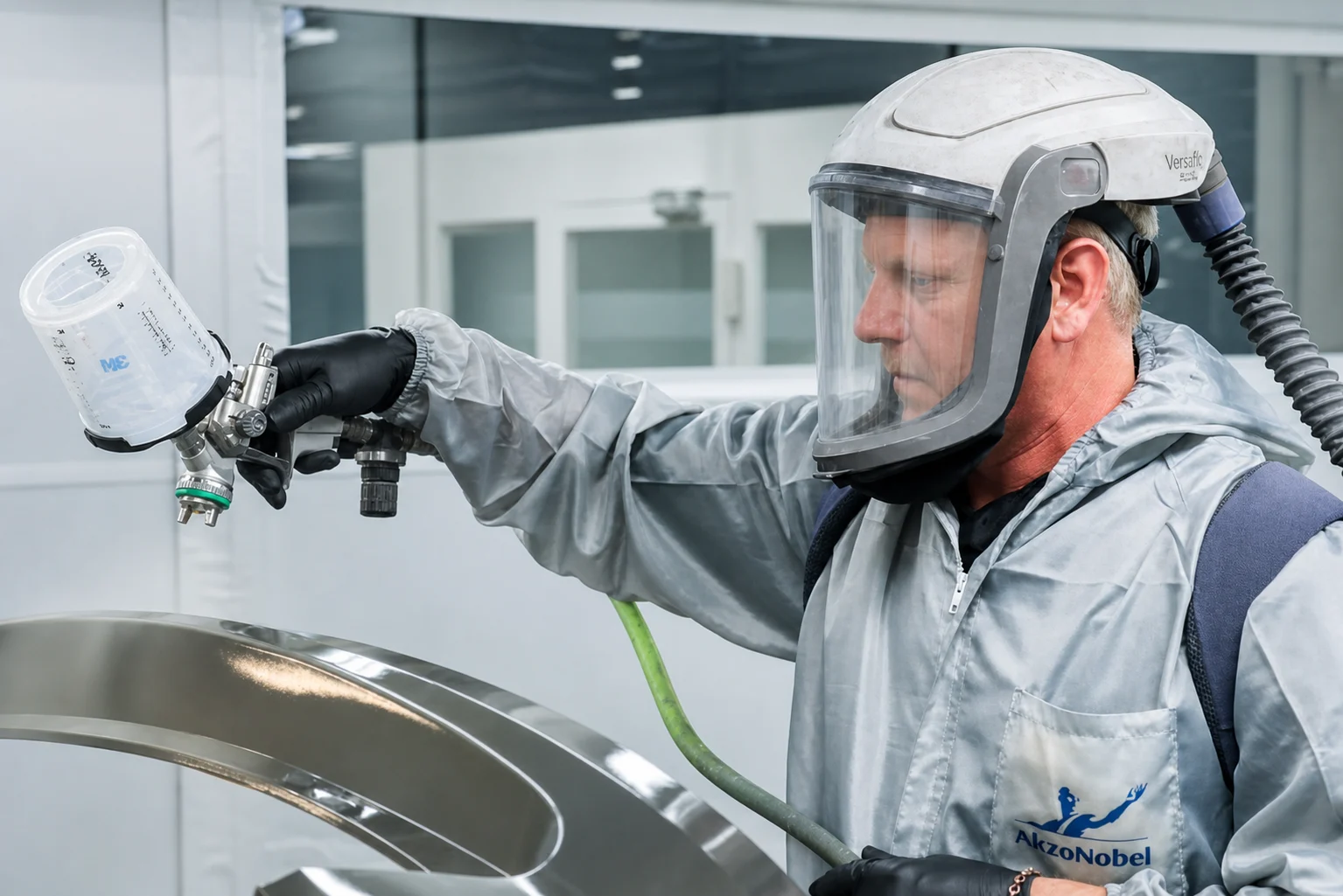 Technician wearing protective equipment spraying a vehicle panel inside a paint booth.